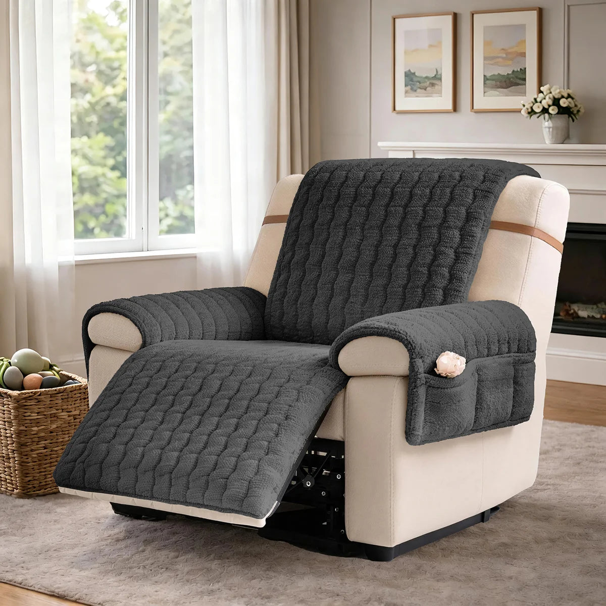 Plush Sherpa Recliner Chair Cover – Non-Slip T-Cushion Protector