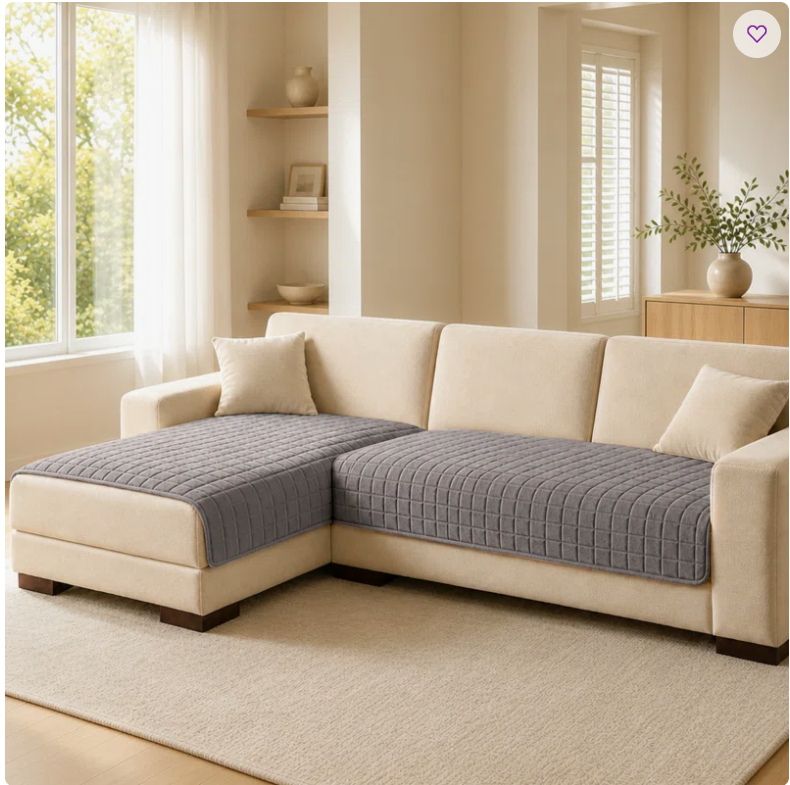 Quilted plush sectional sofa cushion cover set on an L-shaped sofa